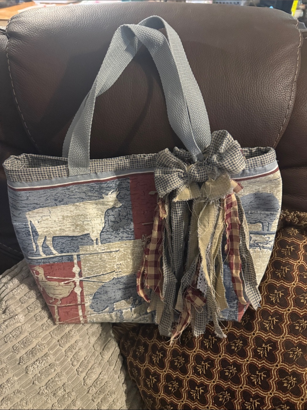 Rustic Patchwork Canvas Tote Bag in Blue, Red, Cream, and Gray